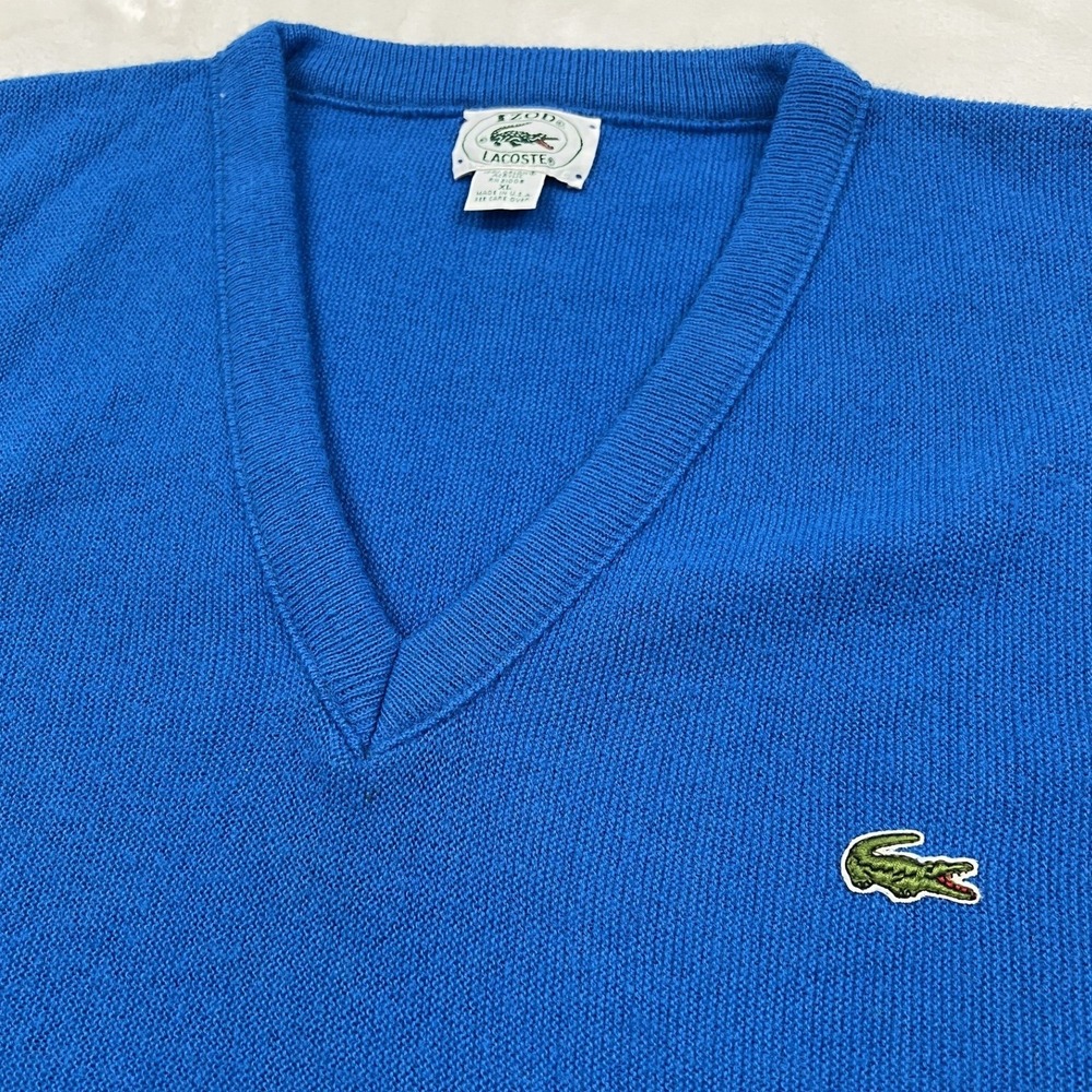 Izod Lacoste V-Neck Sweater Mens XL Blue Vintage Orlon Acrylic Knit Logo